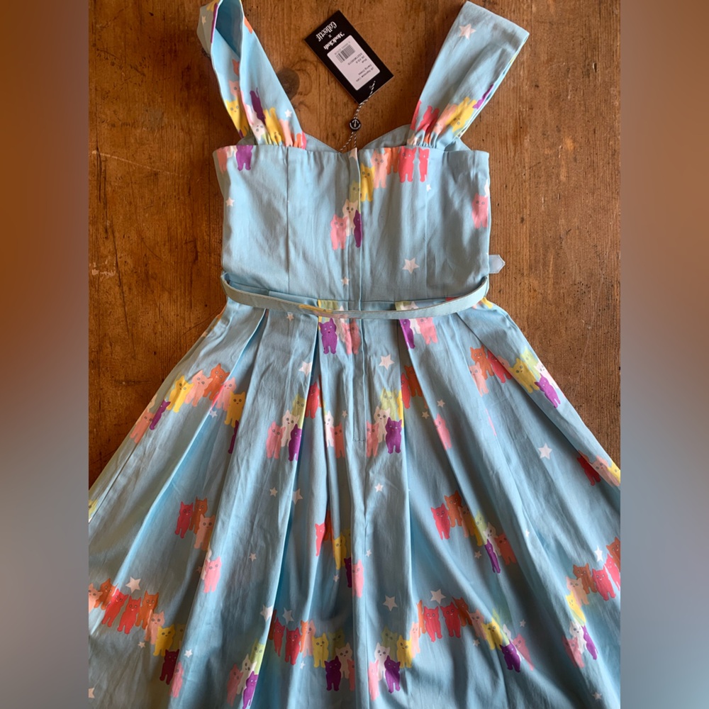 Light Blue Cat Print Fit-and-Flare Dress - Picture 14 of 16